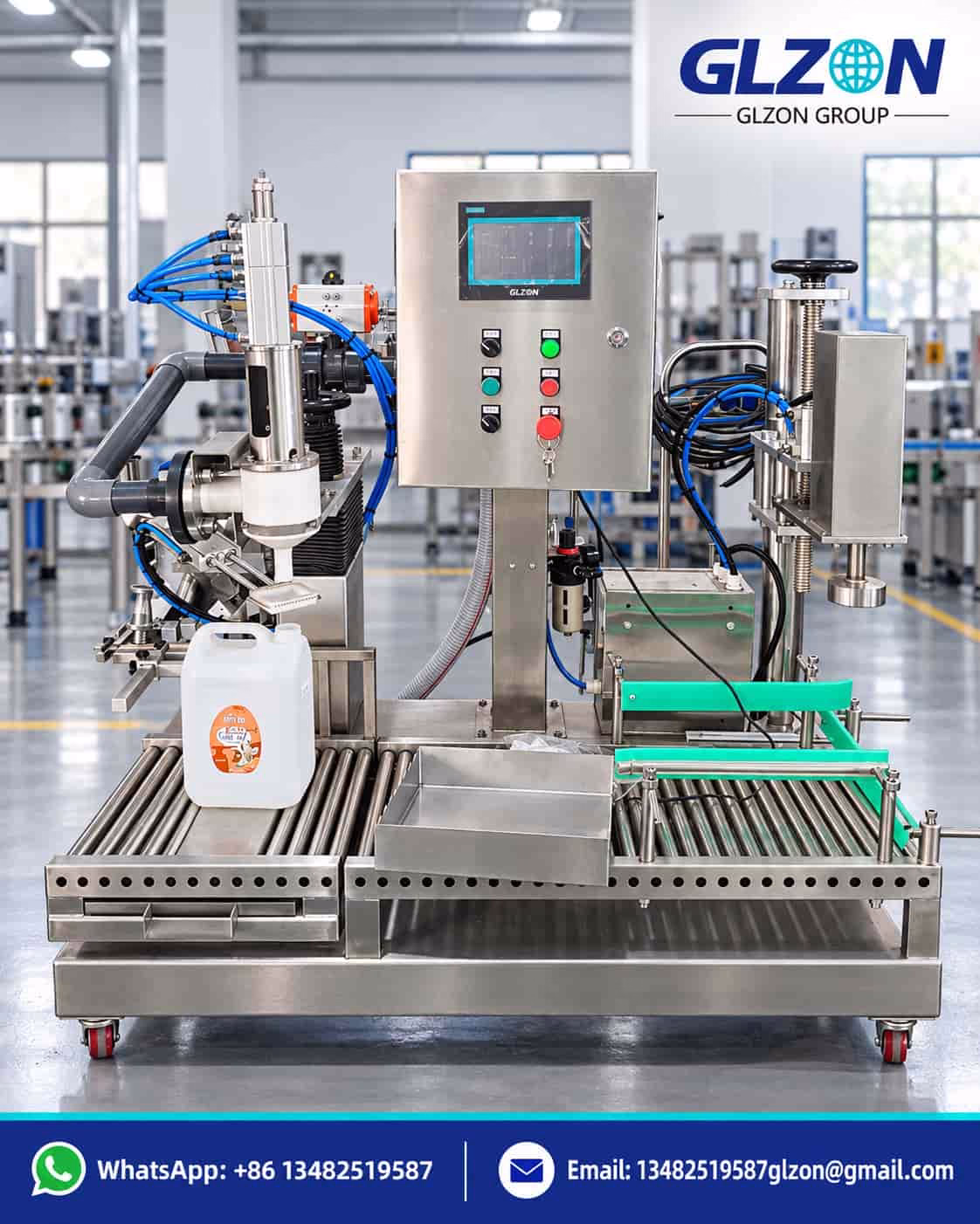 Stainless-steel filling machine control box with Siemens HMI touchscreen and PLC controls by GLZON.