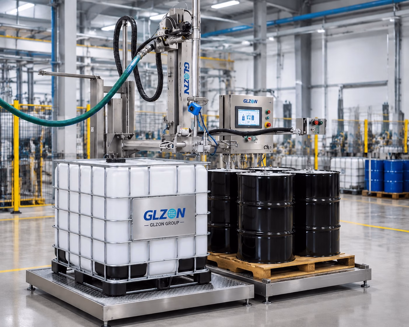 Palletized drum and IBC tote filling machine for automatic liquid filling system