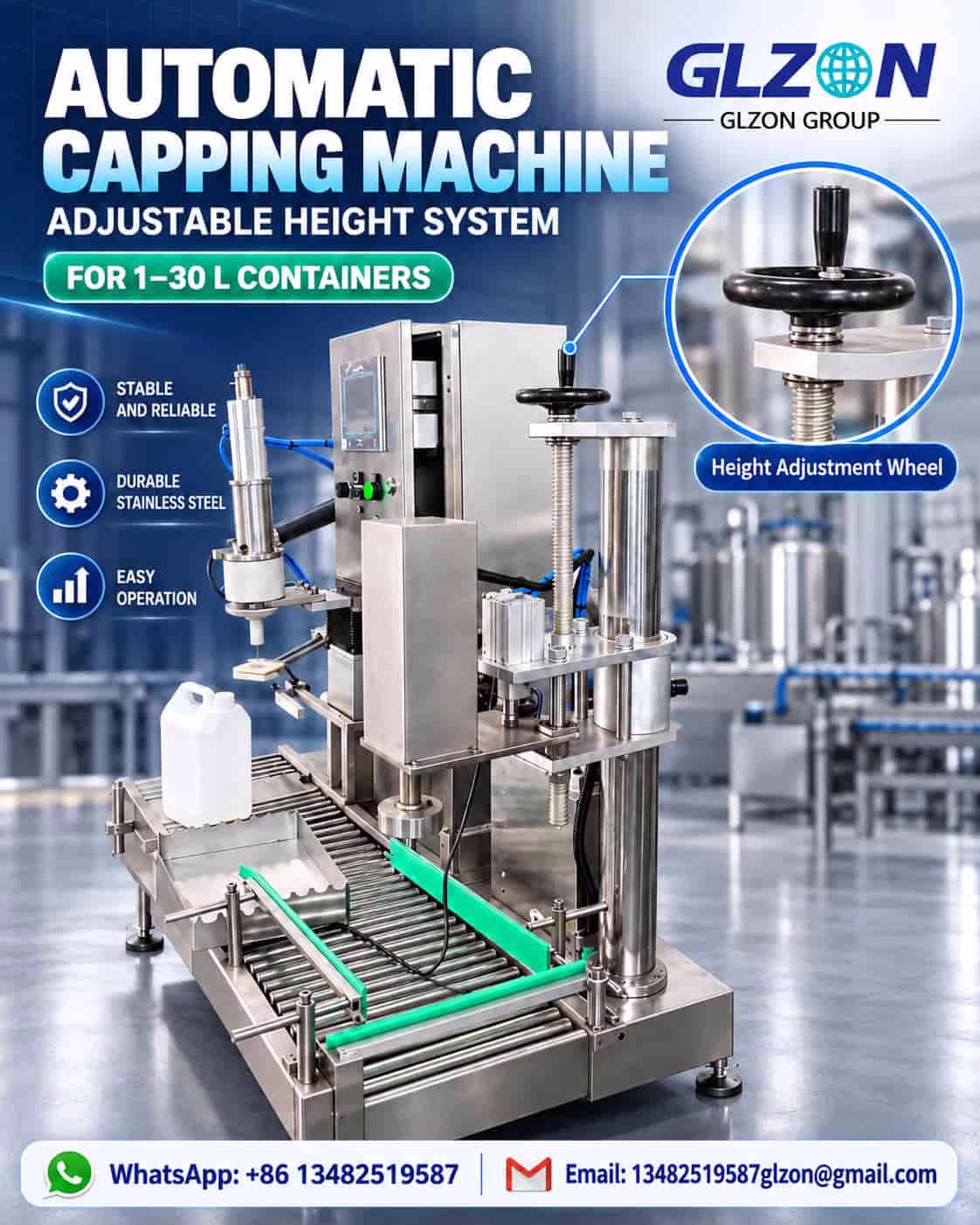 Automatic capping machine with adjustable height wheel for 1–30 L bottles and jerrycans by GLZON.