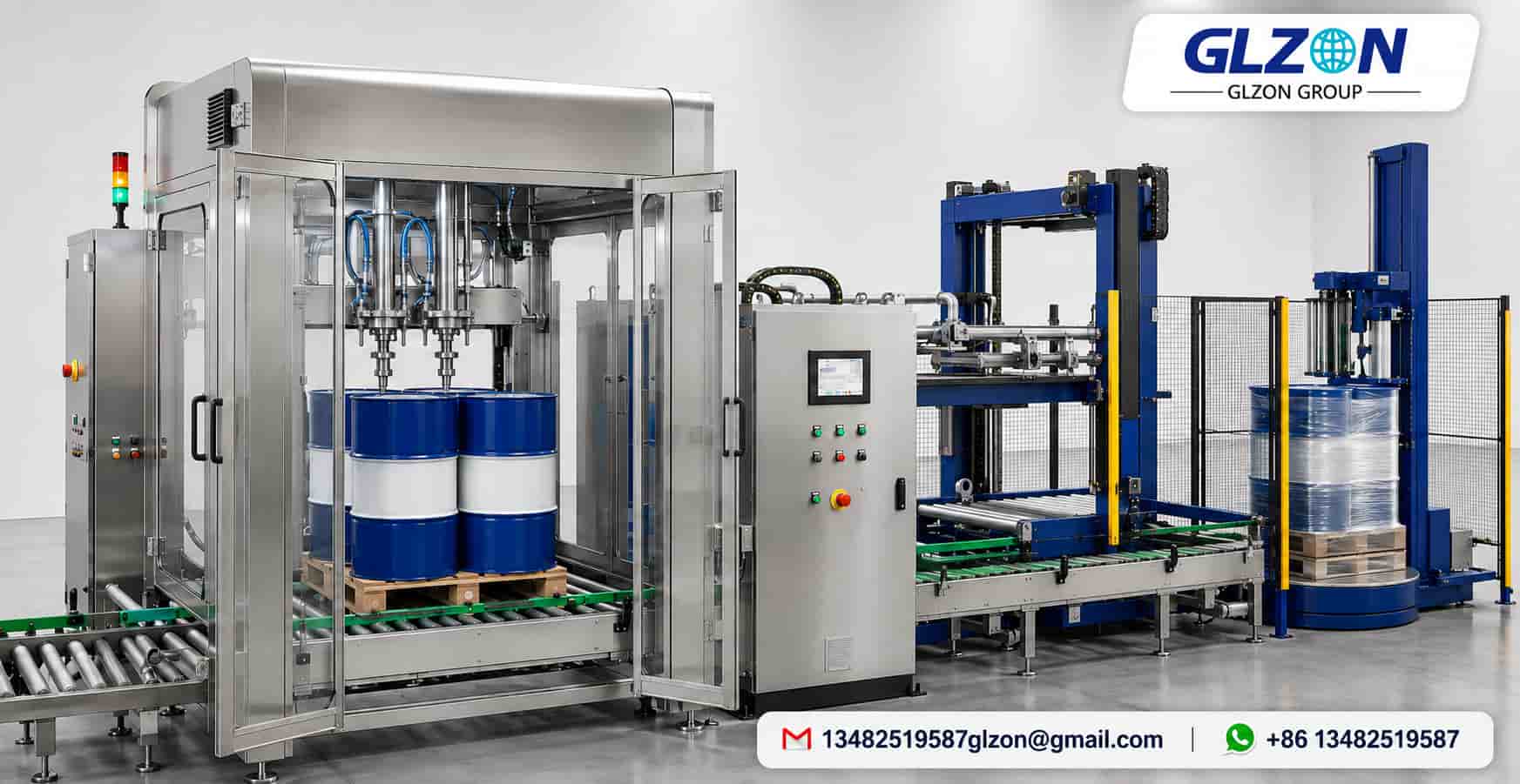 Automatic drum filling machine with conveyor, control system, pallet handling and stretch wrapping equipment