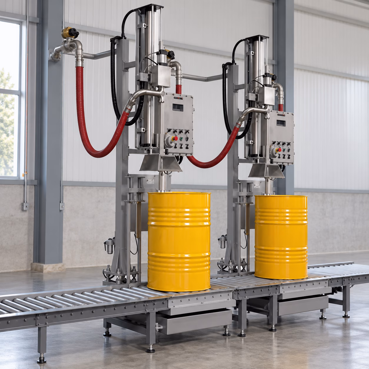 Dual nozzle drum filling machine with stainless steel filling heads