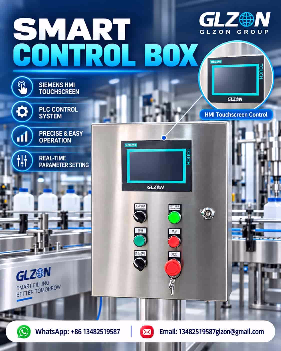 Filling Machine Siemens HMI PLC Control Box Stainless-steel filling machine control box with Siemens HMI touchscreen and PLC controls by GLZON.