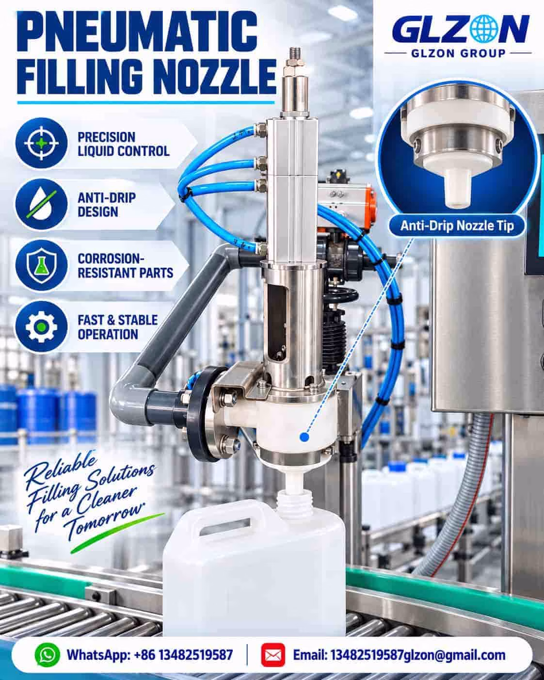 Pneumatic anti-drip filling nozzle for corrosive liquids filling a plastic jerrycan on a GLZON machine.