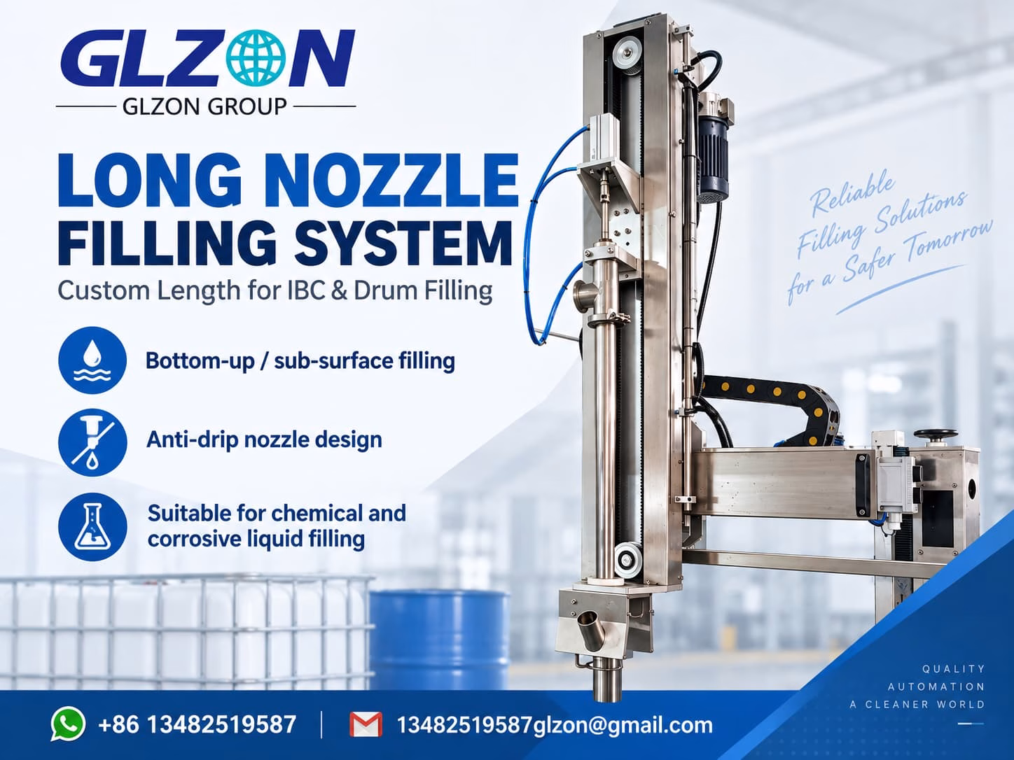 PTFE long nozzle IBC filling machine for corrosive chemical filling